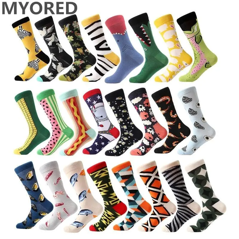 1 Pair Men Socks Combed Cotton Cartoon Animal Bird Shark Zebra Corn Watermelon Sea Food Geometric Novelty Funny Socks 1