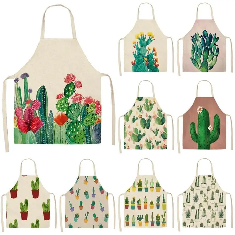 1Pcs Cactus Pattern Kitchen Apron For Woman Sleeveless Cotton Linen Aprons Home Cooking Baking Bibs Cleaning Tools 53*65Cm P1013 1