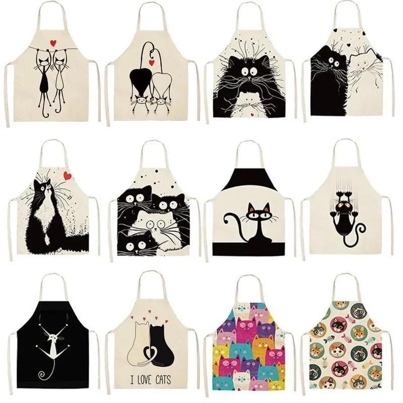 1Pcs Kitchen Apron Cute Cartoon Cat Printed Sleeveless Cotton Linen Aprons For Men Women Home Cleaning Tools 53*65Cm Wq0029 1