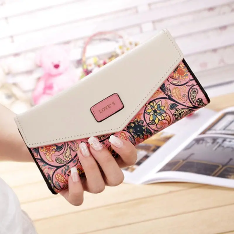 2019 New Fashion Envelope Women Wallet Hit Color 3Fold Flowers Printing Pu Leather Wallet Long Ladies Clutch Coin Phone Purse 1