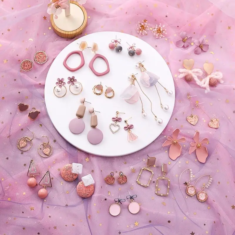 2019 Pink Earrings Korean Flower Sweet Geometric Earring Simulated Pearl Pendientes Mujer For Women Tassel Ear Jewelry Brincos 1