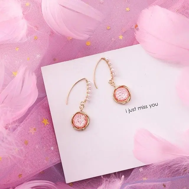 2019 Pink Earrings Korean Flower Sweet Geometric Earring Simulated Pearl Pendientes Mujer For Women Tassel Ear Jewelry Brincos 17
