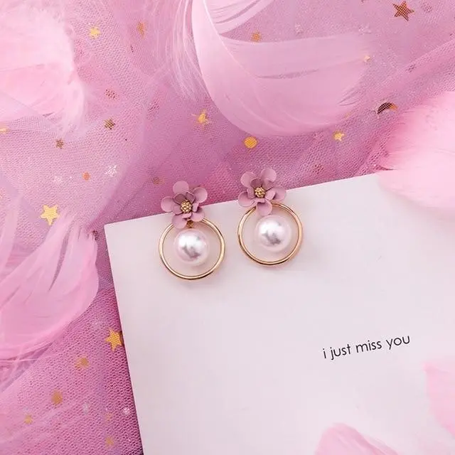 2019 Pink Earrings Korean Flower Sweet Geometric Earring Simulated Pearl Pendientes Mujer For Women Tassel Ear Jewelry Brincos 29