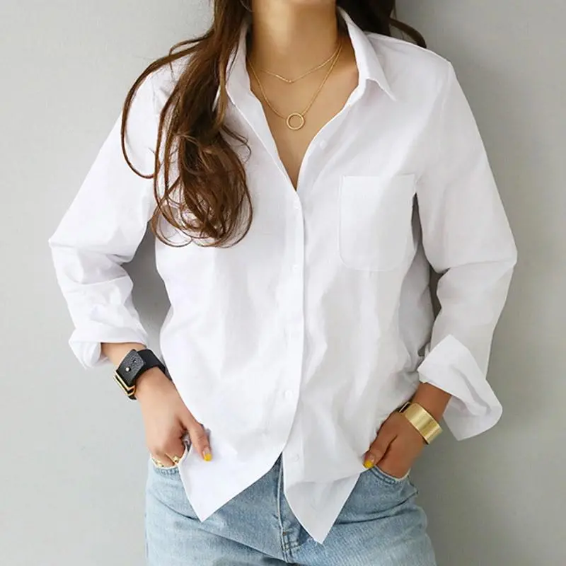 2019 Spring One Pocket Women White Shirt Female Blouse Tops Long Sleeve Casual Turn-Down Collar Ol Style Women Loose Blouses 1