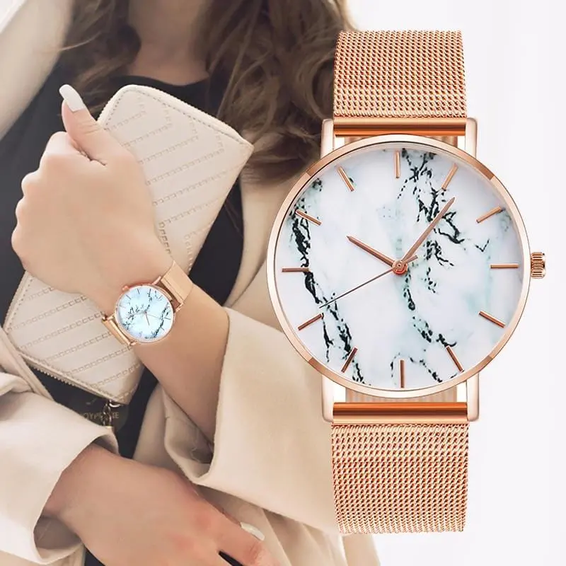 2020 Fashion Rose Gold Mesh Belt Creative Marble Women's Watch Luxury Women's Quartz Watch Gift Relogio Feminino Direct Shipping 1