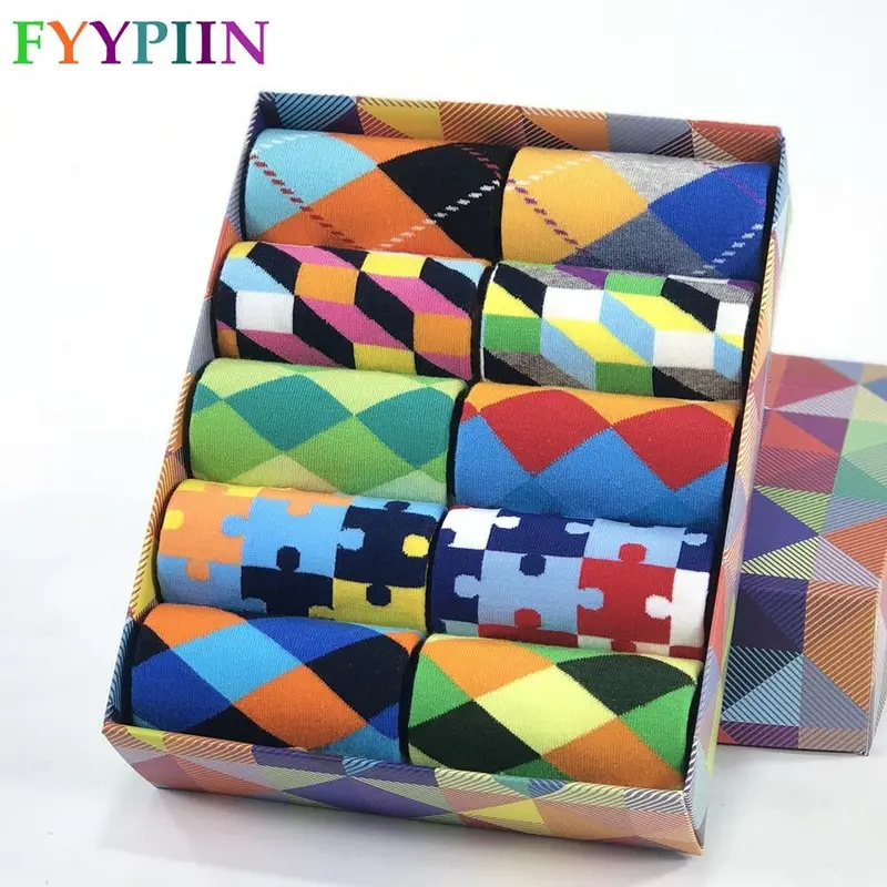 2020 Hot Sale Casual Men Socks New Socks Fashion Design Plaid Colorful Happy Business Party Dress Cotton Socks Man 1