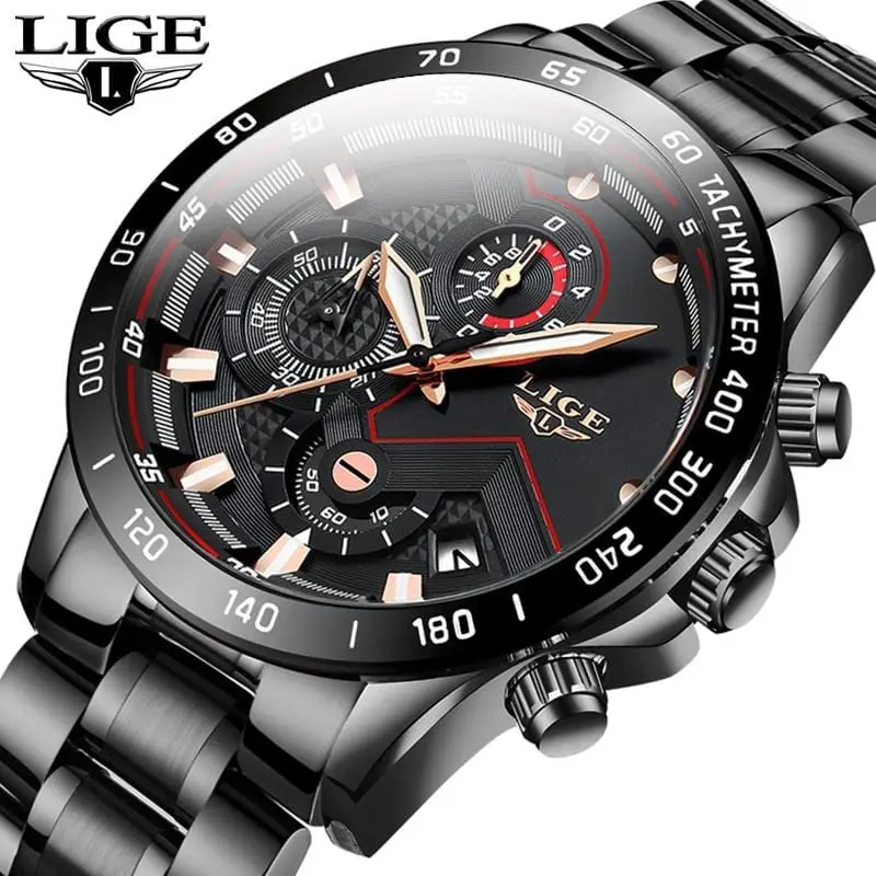 2020 Lige Fashion Mens Watches Stainless Steel Top Brand Luxury Sport Chronograph Quartz Watch Men Black Watch Relogio Masculino 1