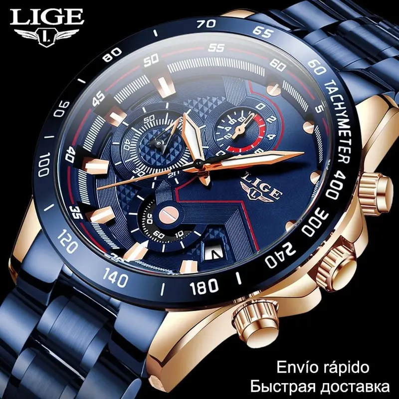 2020 Mens Watches Waterproof Stainless Steel Lige Top Brand Luxury Fashion Sports Watch Chronograph Quartz Clock Black Watch Men 1