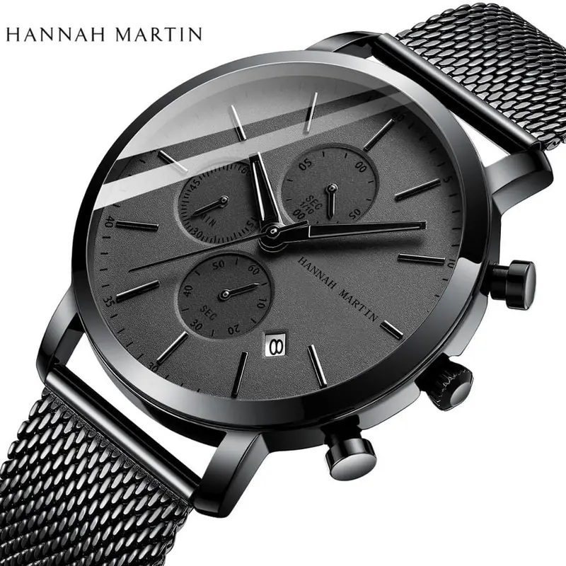 2020 New Black Stainless Steel Mesh Wristwatch High Quality Multi-Function Calendar Men's Top Brand Luxury Watches Drop Shipping 1