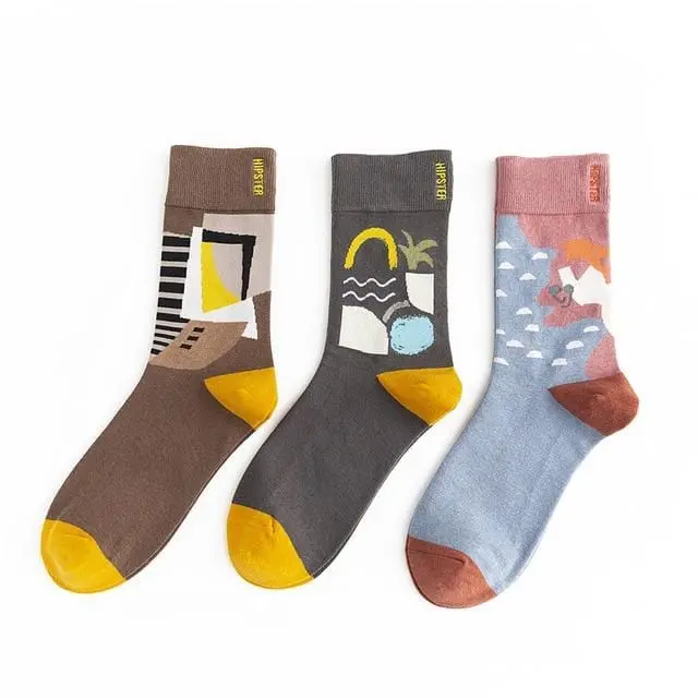 3 Pairs/Lot Winter Retro Women Van Gogh Modern Oil Paint Cotton Mural World Famous Socks Art Abstract Happy Funny Women Socks 12