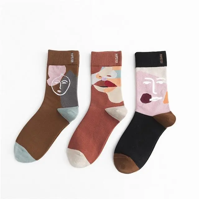 3 Pairs/Lot Winter Retro Women Van Gogh Modern Oil Paint Cotton Mural World Famous Socks Art Abstract Happy Funny Women Socks 15