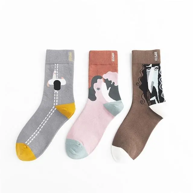 3 Pairs/Lot Winter Retro Women Van Gogh Modern Oil Paint Cotton Mural World Famous Socks Art Abstract Happy Funny Women Socks 16