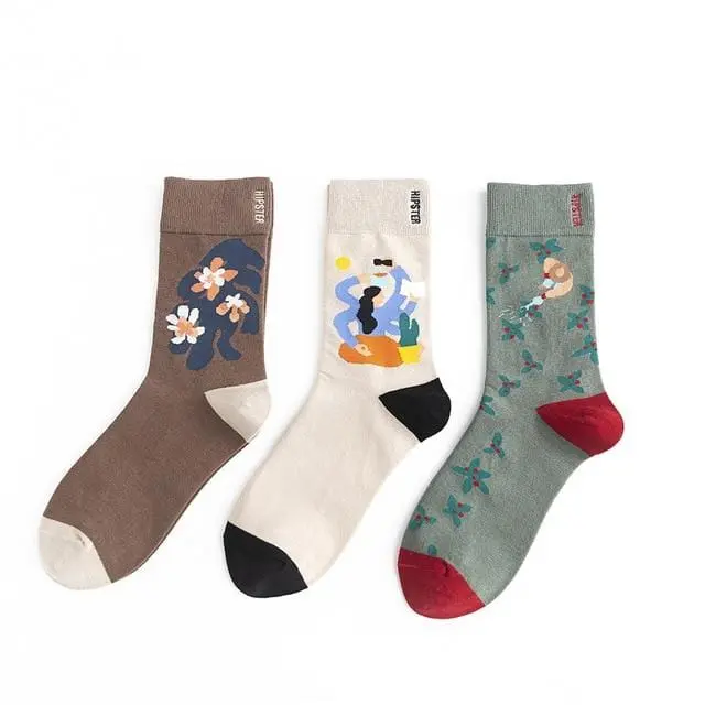 3 Pairs/Lot Winter Retro Women Van Gogh Modern Oil Paint Cotton Mural World Famous Socks Art Abstract Happy Funny Women Socks 18