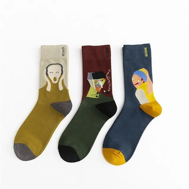 3 Pairs/Lot Winter Retro Women Van Gogh Modern Oil Paint Cotton Mural World Famous Socks Art Abstract Happy Funny Women Socks 20
