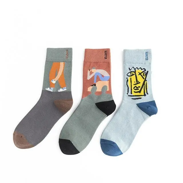 3 Pairs/Lot Winter Retro Women Van Gogh Modern Oil Paint Cotton Mural World Famous Socks Art Abstract Happy Funny Women Socks 21