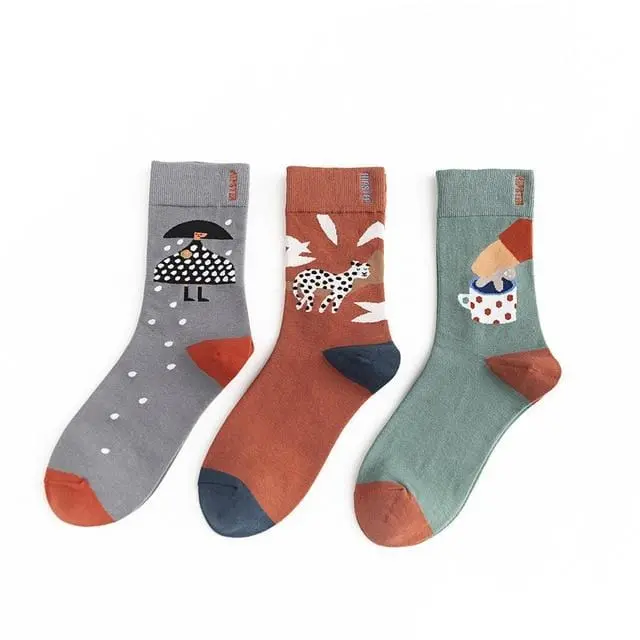 3 Pairs/Lot Winter Retro Women Van Gogh Modern Oil Paint Cotton Mural World Famous Socks Art Abstract Happy Funny Women Socks 22