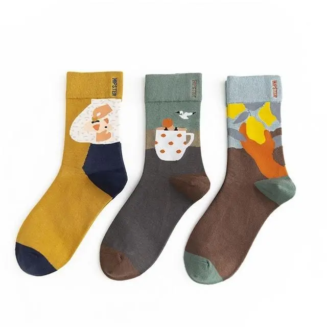 3 Pairs/Lot Winter Retro Women Van Gogh Modern Oil Paint Cotton Mural World Famous Socks Art Abstract Happy Funny Women Socks 24