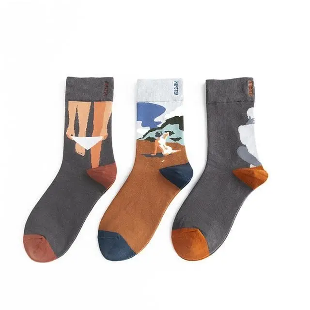 3 Pairs/Lot Winter Retro Women Van Gogh Modern Oil Paint Cotton Mural World Famous Socks Art Abstract Happy Funny Women Socks 27