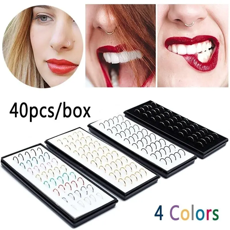 (40Pcs/Box) Fashion Body Jewelry 9*0.6Mm Colorful Stainless Steel Nose Hoop Nose Ring Stud Punk Style Body Piercing Jewelry 1