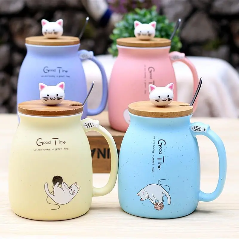 450Ml Cartoon Ceramics Cat Mug With Lid And Spoon Coffee Milk Tea Mugs Breakfast Cup Drinkware Novelty Gifts 1
