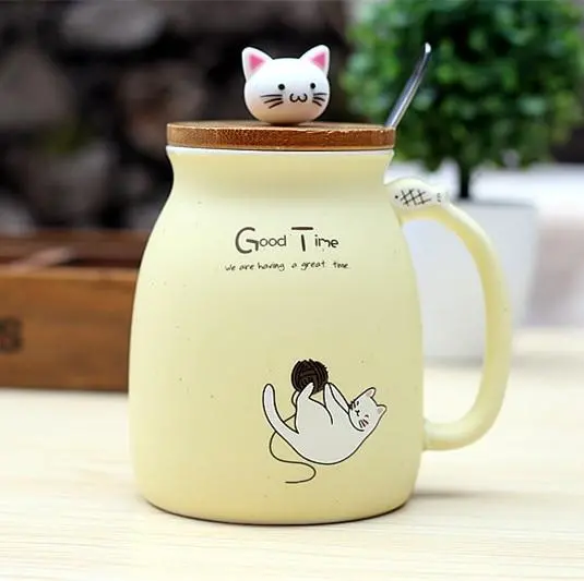 450Ml Cartoon Ceramics Cat Mug With Lid And Spoon Coffee Milk Tea Mugs Breakfast Cup Drinkware Novelty Gifts 2