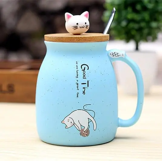 450Ml Cartoon Ceramics Cat Mug With Lid And Spoon Coffee Milk Tea Mugs Breakfast Cup Drinkware Novelty Gifts 3