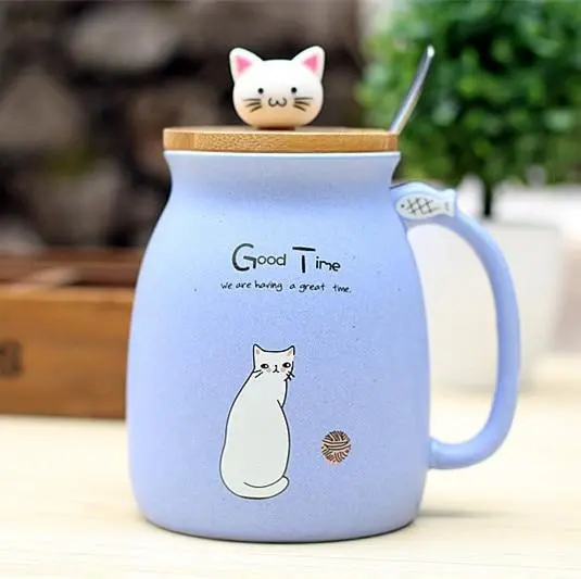 450Ml Cartoon Ceramics Cat Mug With Lid And Spoon Coffee Milk Tea Mugs Breakfast Cup Drinkware Novelty Gifts 3