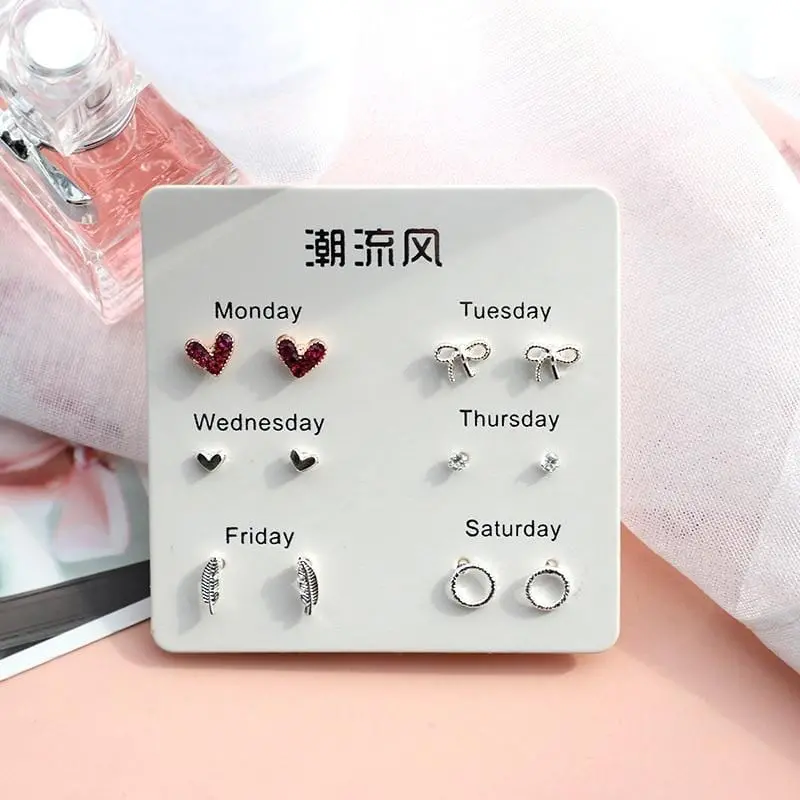 6 Pairs/Set, 2019 New Earrings For Women Stars Heart Crytal Cute Earrings Fashion Jewelry Monday To Saturday 6 Pairs Earrings 1