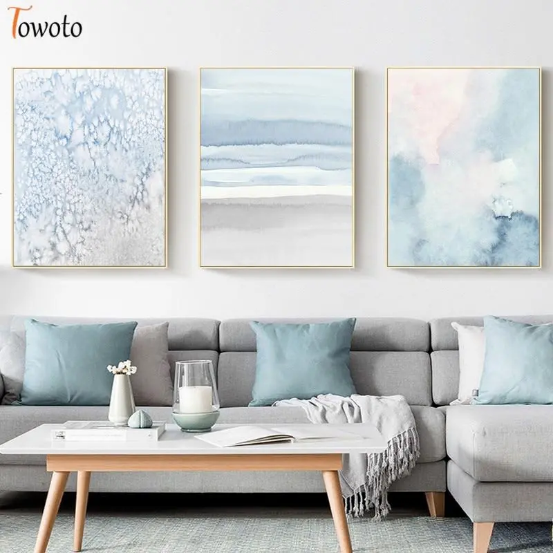 Abstract Canvas Painting Modern Watercolor Print Poster Blue And Gray Wall Art Neutral Wall Pictures For Living Room No Frame 1