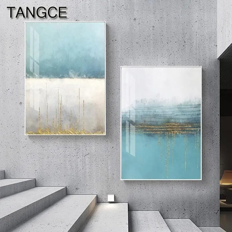 Abstract Flowing Blue Golden Foil Wall Art Modern Canvas Painting Pop Interior Decor For Living Room Blue Poster Print Tableaux 1