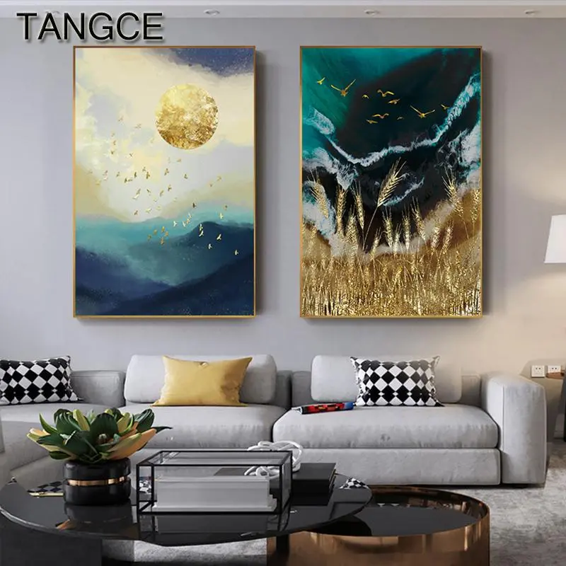 Abstract Gold Field Sun Canvas Painting Golden Foil Poster Print Big Wall Art For Living Room Tableaux Cuadros Salon Decoracion 1