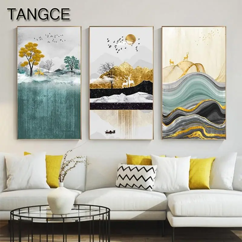 Abstract Golden Foil Canvas Painting Modern Gold Sun Deer Wall Art Picture For Living Room Nordic Blue Green Block Poster Print 1
