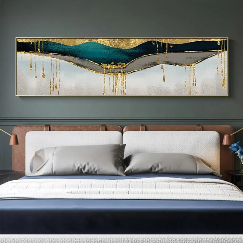Abstract Green Shining Gold Canvas Painting Golden Pigment Poster Modern Wall Art Pictures For Living Room Blue Print Decoration 1