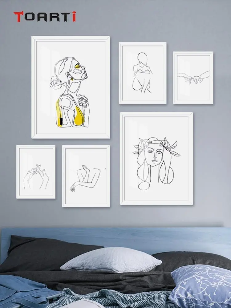 Abstract Women Line Drawing Nordic Poster&Prints Modern Canvas Painting Wall Art Yellow Girl Wall Picture Bedroom Home Decor 1