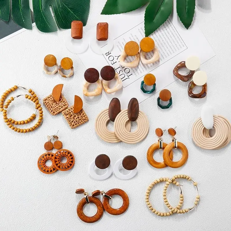 Aensoa Multiple 27 Style Korea Handmade Wooden Straw Weave Rattan Vine Braid Drop Earrings New Fashion Geometric Long Earrings 1