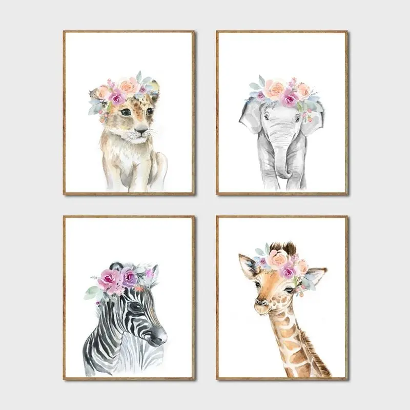 Animals Floral Crown Art Decor Canvas Painting , Baby Girl Prints Animal Giraffe Elephant Lion Wall Art Picture Nursery Poster 1