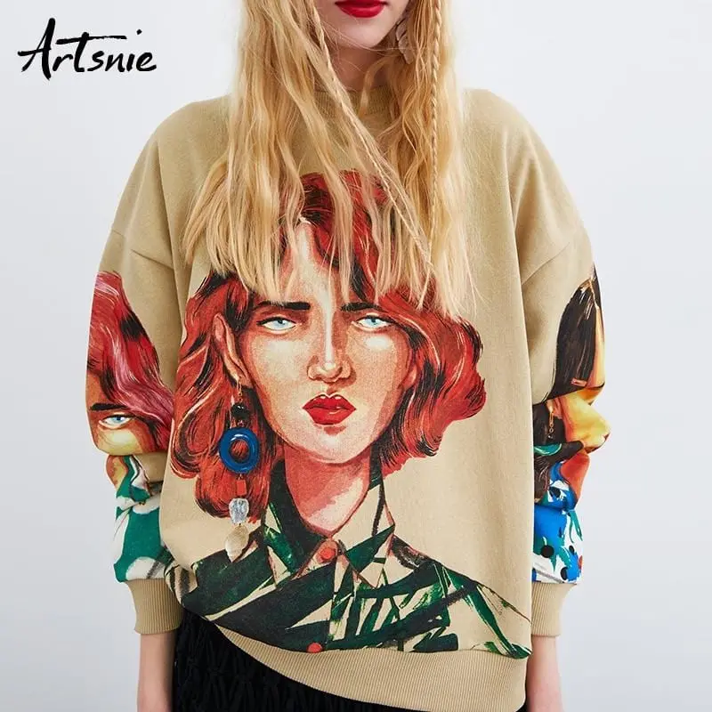 Artsnie Streetwear Character Print Women Sweatshirt Spring 2019 O Neck Long Sleeve Pullover Knitted Oversized Hoodie Sweatshirts 1