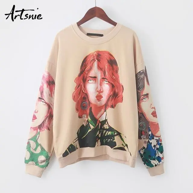 Artsnie Streetwear Character Print Women Sweatshirt Spring 2019 O Neck Long Sleeve Pullover Knitted Oversized Hoodie Sweatshirts 2