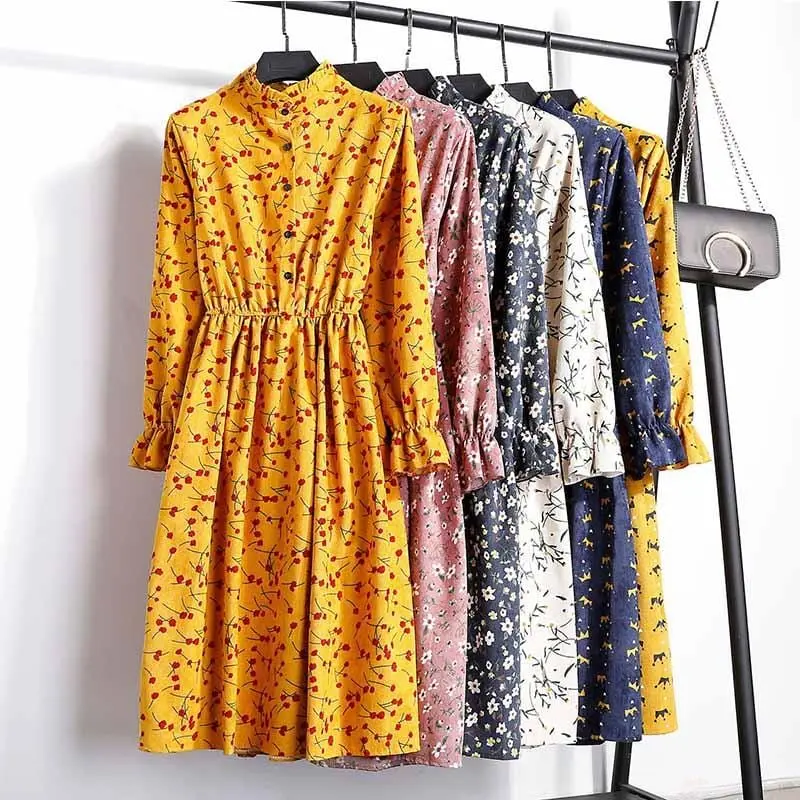 Autumn Dress Women 2019 Corduroy Plus Size Long Sleeve Cotton Dresses Floral Cherry Shirt Tunic Winter Harajuku Mori Party Dress 1