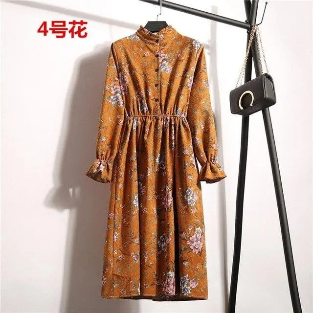 Autumn Dress Women 2019 Corduroy Plus Size Long Sleeve Cotton Dresses Floral Cherry Shirt Tunic Winter Harajuku Mori Party Dress 21