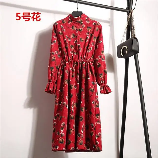 Autumn Dress Women 2019 Corduroy Plus Size Long Sleeve Cotton Dresses Floral Cherry Shirt Tunic Winter Harajuku Mori Party Dress 22