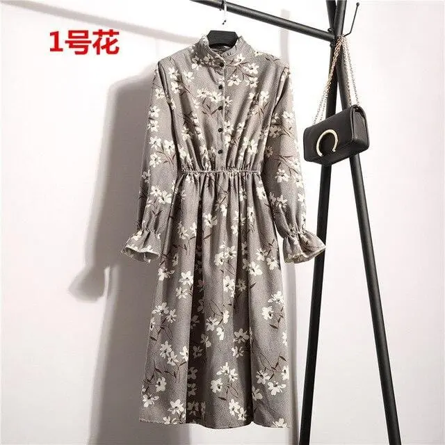 Autumn Dress Women 2019 Corduroy Plus Size Long Sleeve Cotton Dresses Floral Cherry Shirt Tunic Winter Harajuku Mori Party Dress 5