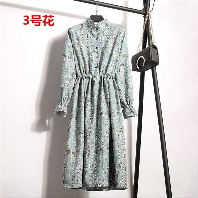 Autumn Dress Women 2019 Corduroy Plus Size Long Sleeve Cotton Dresses Floral Cherry Shirt Tunic Winter Harajuku Mori Party Dress 6