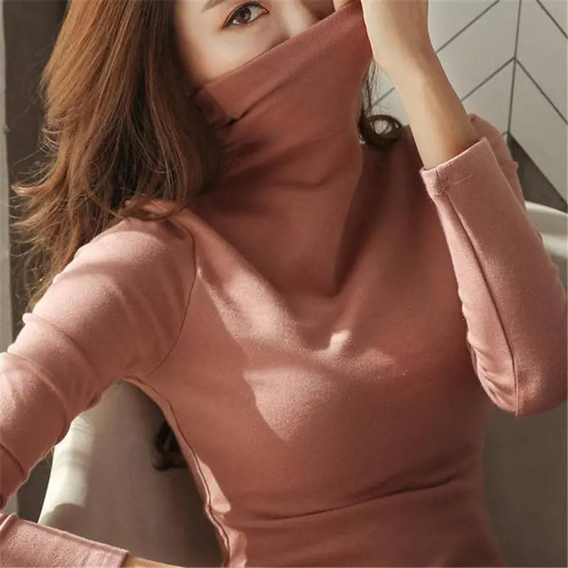 Autumn High Collar Bottoming Shirt Female Long-Sleeved T-Shirt Solid Color Korean Women's Warm Slim Female Wild Shirt Plus Size 1