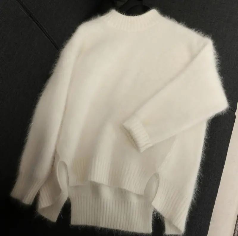 Autumn Winter Women Mohair Knitting Sweaters O-Neck Hairy Korean Sweet Pink White Sweater Pullovers 1