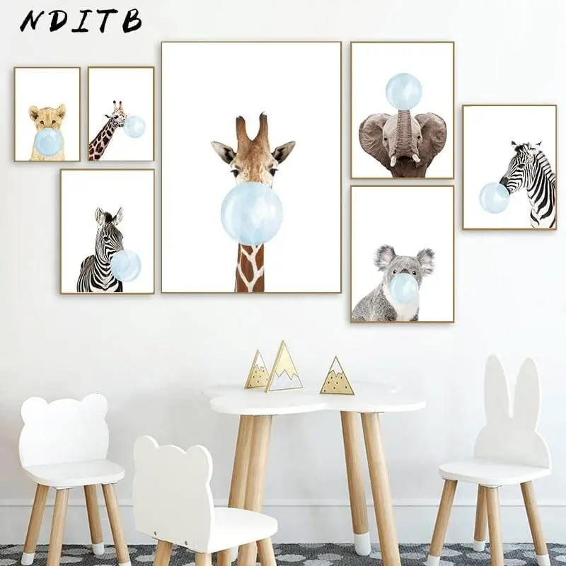 Baby Animal Blue Bubble Poster Nursery Canvas Wall Art Print Zebra Giraffe Painting Nordic Kids Decoration Picture Bedroom Decor 1