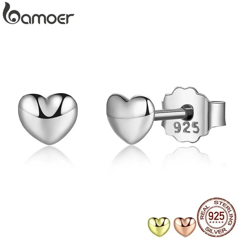 Bamoer 100% 925 Sterling Silver Petite Plain Hearts Stud Earrings For Women Silver Small Earrings Fine Jewelry Brincos Pas441 1