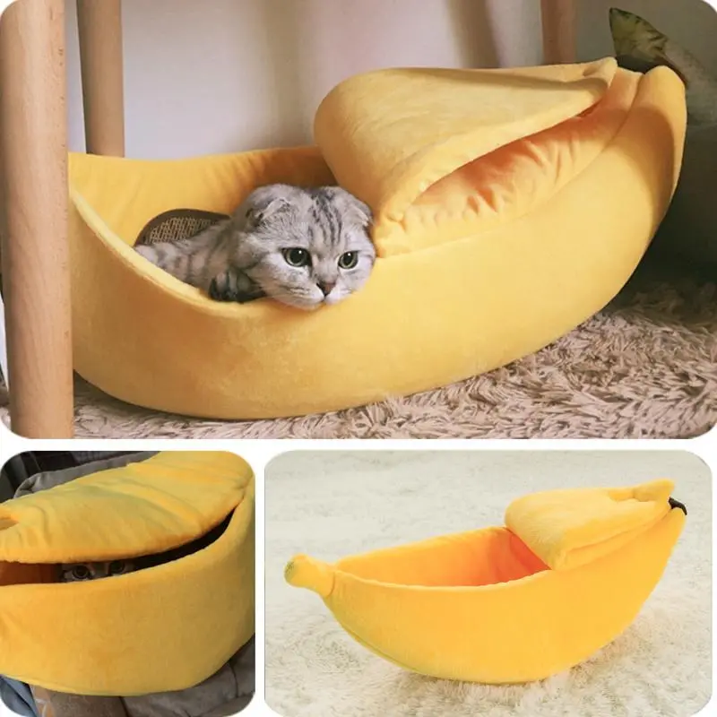 Banana Cat Bed House Cozy Cute Banana Puppy Cushion Kennel Warm Portable Pet Basket Supplies Mat Beds For Cats & Kittens 1