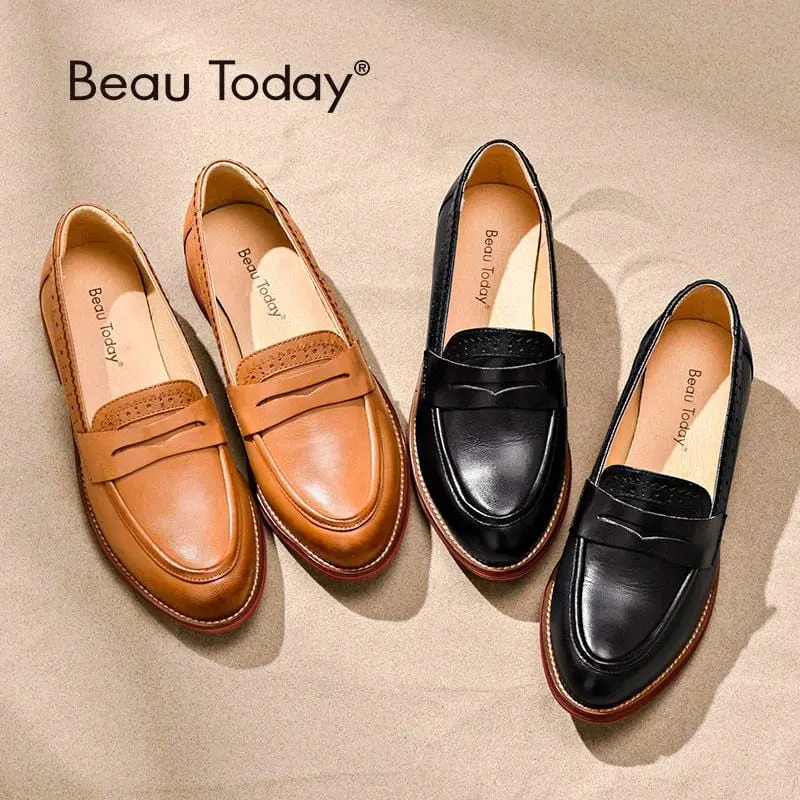 Beautoday Penny Loafers Women Sheepskin Moccasin Genuine Leather Slip On Pointed Toe Flats Plus Size Shoes Handmade 27013 1