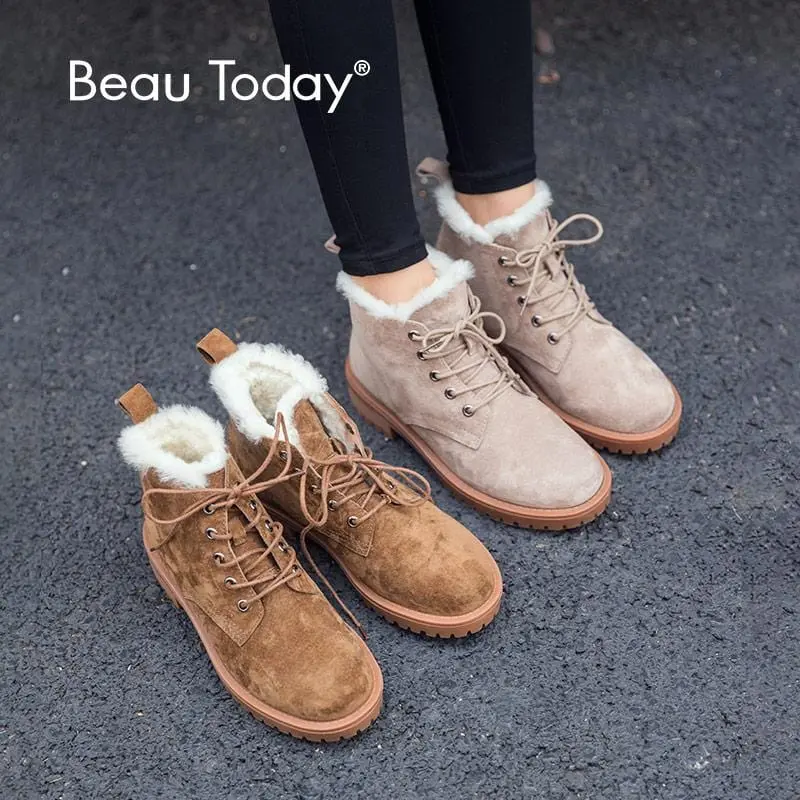 Beautoday Wool Snow Boots Women Genuine Leather Round Toe Lace-Up Platform Winter Ladies Ankle Length Shoes Handmade 03281 1